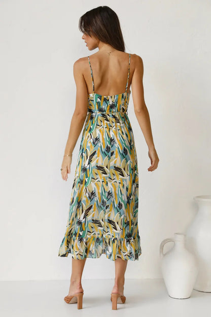 Green Women's Pleated Midi Dress - Marilou, back view of the printed strappy sundress