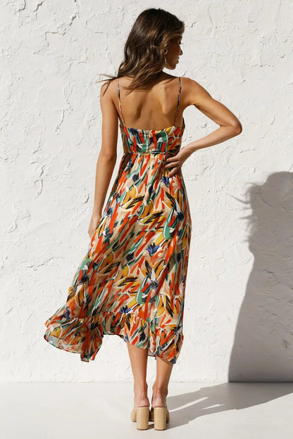 Orange Women's Pleated Midi Dress - Marilou, back view of the printed strappy sundress