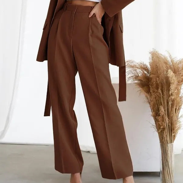 Valerial Women's Pleated Palazzo Pants in brown, front view with matching blazer