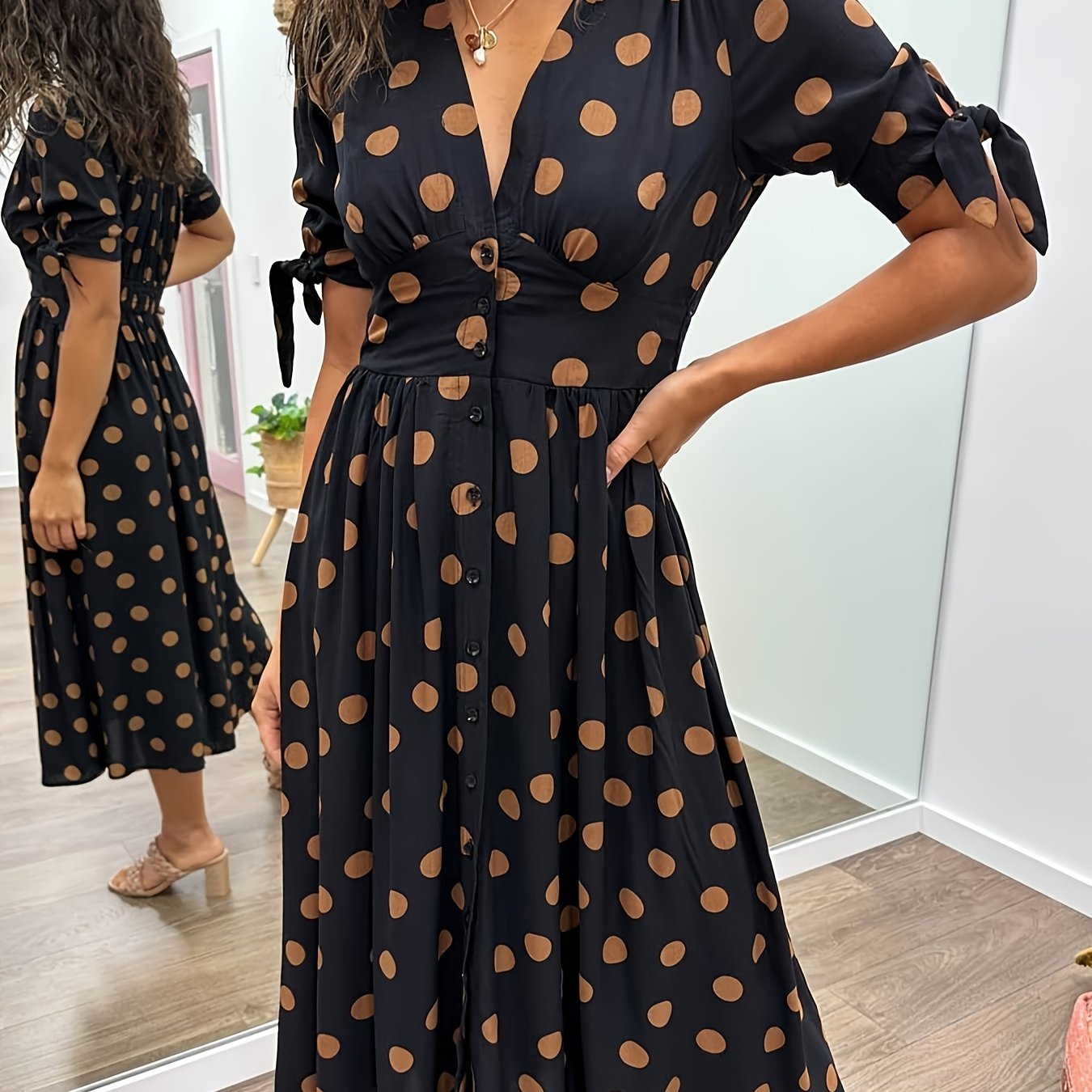 Black Women's Polka Dot V Neck Midi Dress - Amaris, close-up of the tan polka dot print bodice