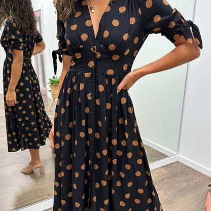 Black Women's Polka Dot V Neck Midi Dress - Amaris, close-up of the tan polka dot print bodice