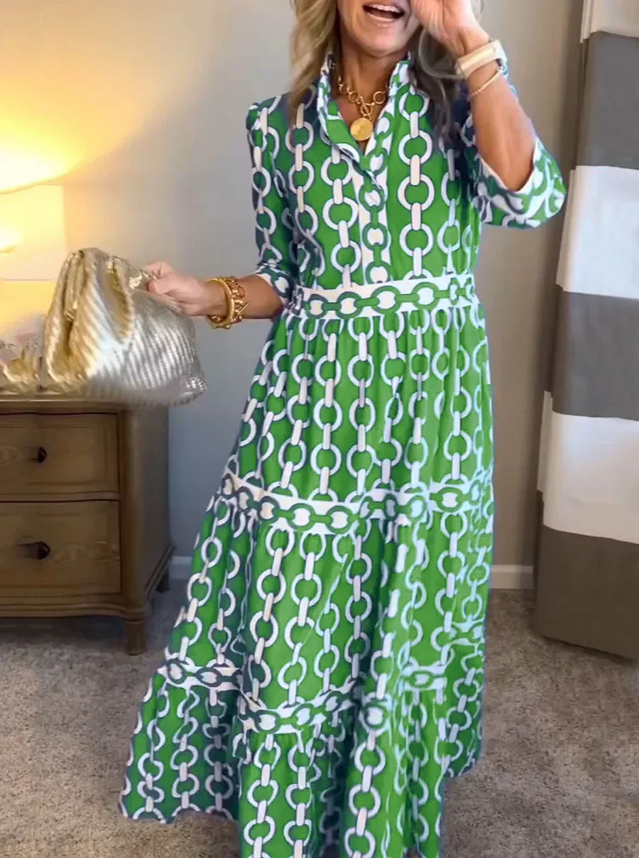 Green Ninon print blouson tiered maxi dress with three-quarter sleeves