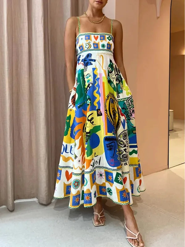 Lyra printed sleeveless maxi dress in multicolor art print, front view