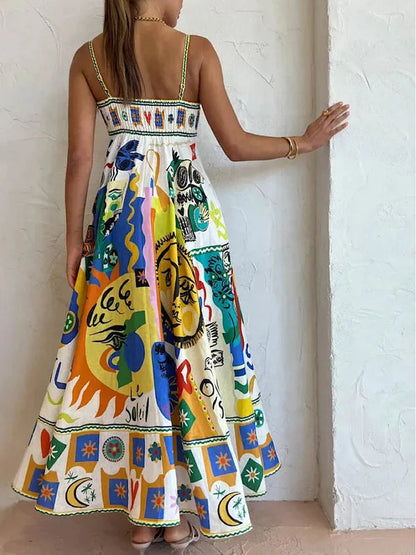 Back view of the Lyra multicolor printed sleeveless maxi dress on model
