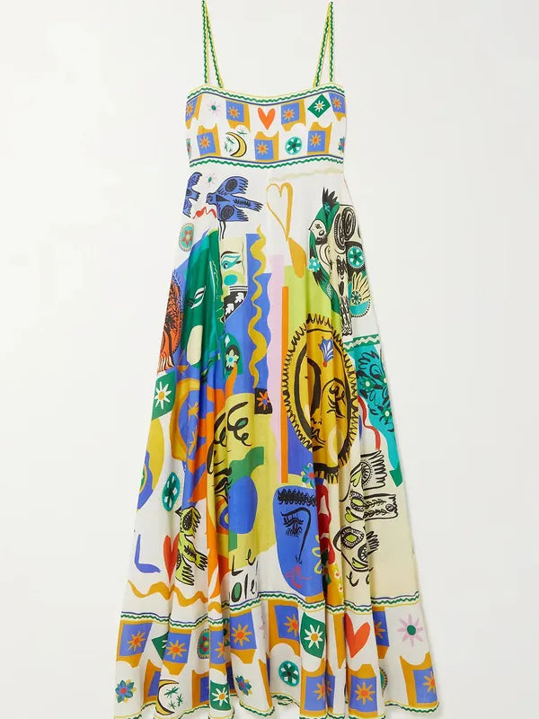 Lyra printed sleeveless maxi dress laid flat to show the multicolor print