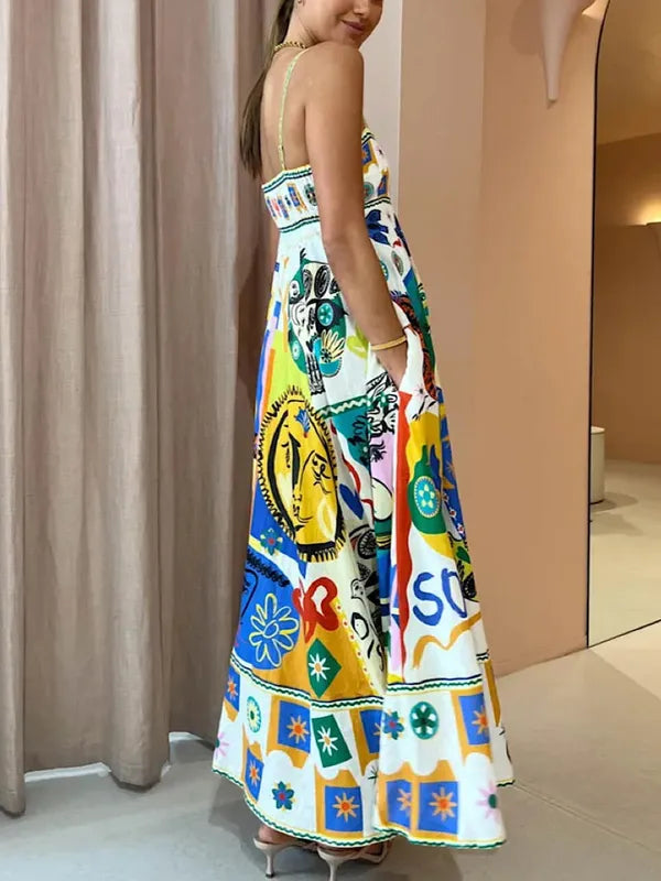 Side view of the Lyra multicolor printed sleeveless maxi dress on model