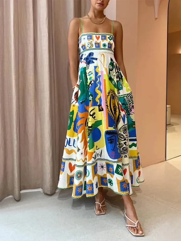 Lyra multicolor printed maxi dress with thin straps, full front view