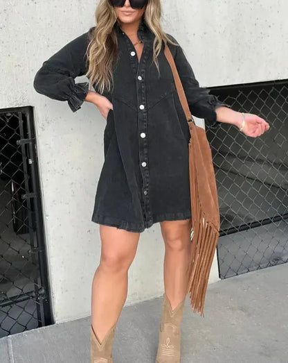 Black Puff Sleeve Denim Mini Dress full front view styled with tan western boots