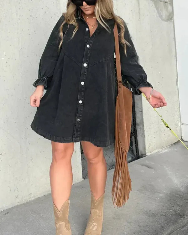 Black Puff Sleeve Denim Mini Dress front view with washed black denim and buttons
