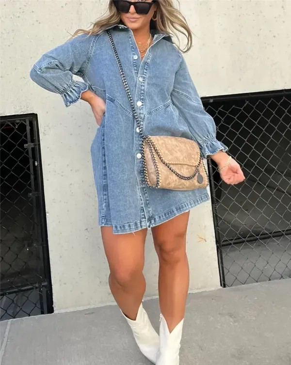 Blue Puff Sleeve Denim Mini Dress front view styled with white ankle boots