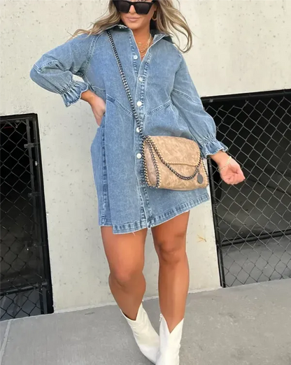 Blue Puff Sleeve Denim Mini Dress front view styled with white ankle boots