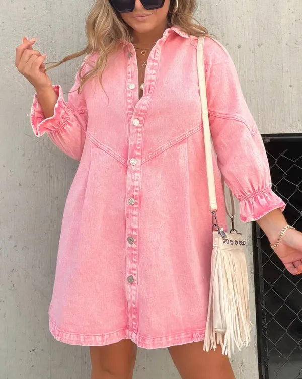 Pink Puff Sleeve Denim Mini Dress front view with button front and smocked cuffs