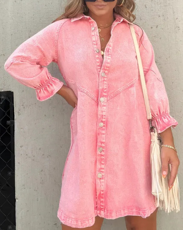 Pink Puff Sleeve Denim Mini Dress close front view of buttons and ruffled cuffs