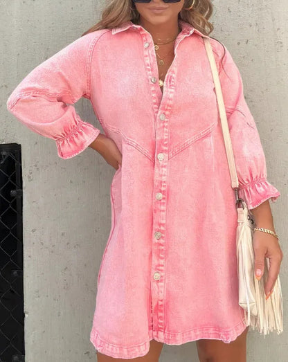 Pink Puff Sleeve Denim Mini Dress close front view of buttons and ruffled cuffs