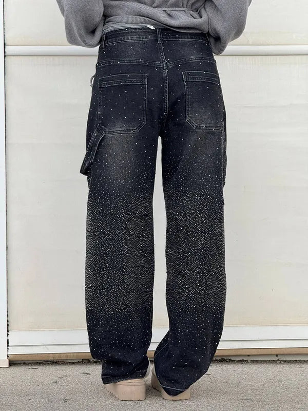Lisette Women's Rhinestone Utility Baggy Denim Pants in black, back view with pockets