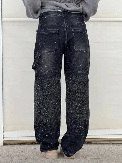 Lisette Women's Rhinestone Utility Baggy Denim Pants in black, back view with pockets