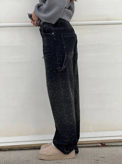 Lisette Women's Rhinestone Utility Baggy Denim Pants in black, side view