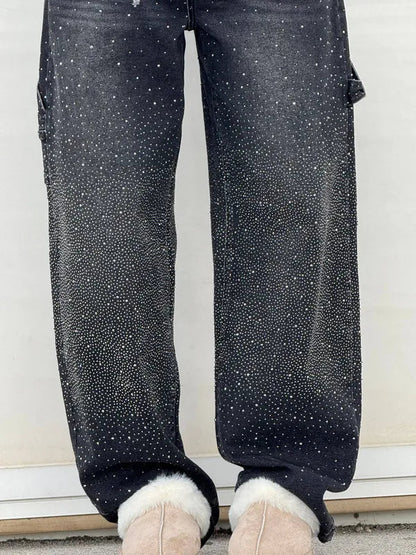 Lisette Women's Rhinestone Utility Baggy Denim Pants black, close-up of rhinestone leg