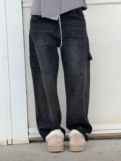 Lisette Women's Rhinestone Utility Baggy Denim Pants in black, front view