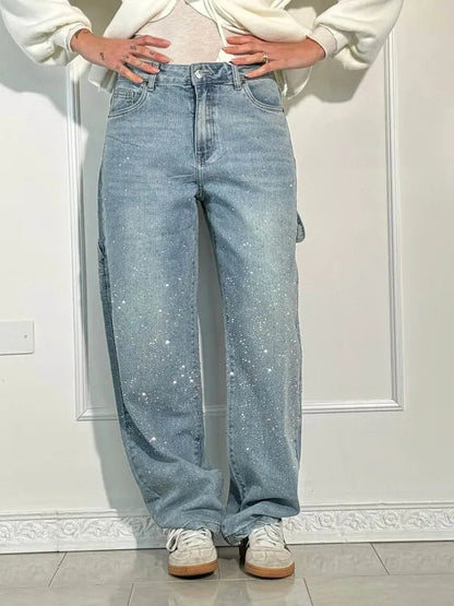 Lisette Women's Rhinestone Utility Baggy Denim Pants in light blue, front view