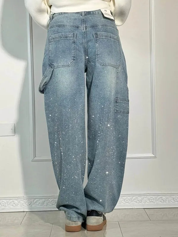 Lisette Women's Rhinestone Utility Baggy Denim Pants in light blue, back view