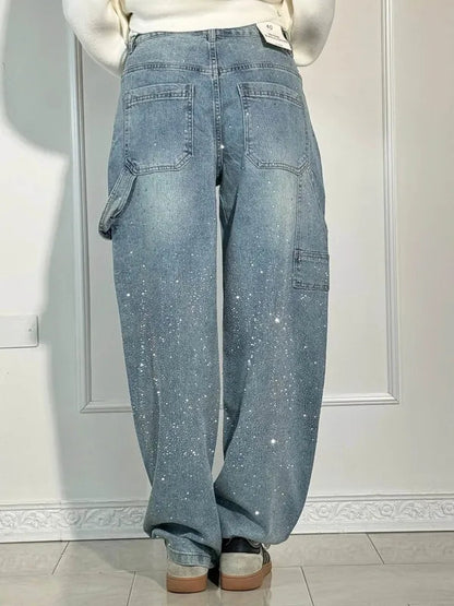 Lisette Women's Rhinestone Utility Baggy Denim Pants in light blue, back view