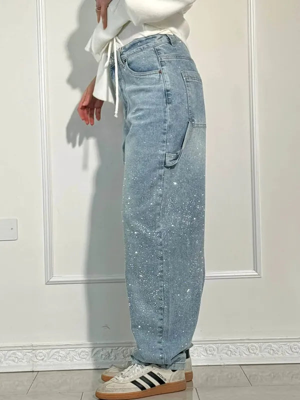 Lisette Women's Rhinestone Utility Baggy Denim Pants in light blue, side view