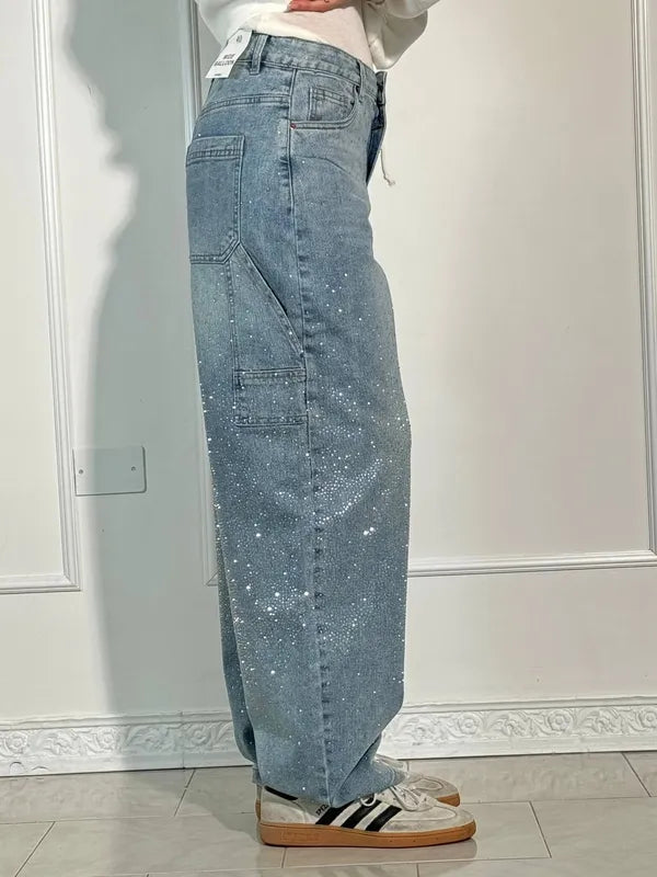 Lisette Women's Rhinestone Utility Baggy Denim Pants in light blue, side back view