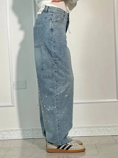Lisette Women's Rhinestone Utility Baggy Denim Pants in light blue, side back view