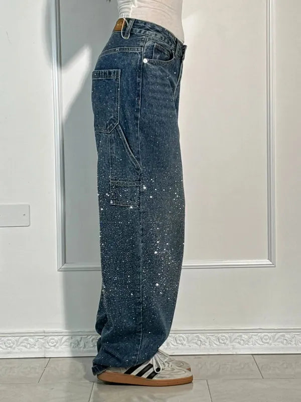 Lisette Women's Rhinestone Utility Baggy Denim Pants in dark blue, side view