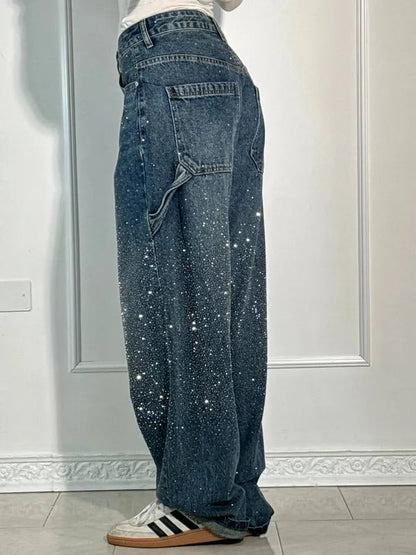 Lisette Women's Rhinestone Utility Baggy Denim Pants in dark blue, back side view