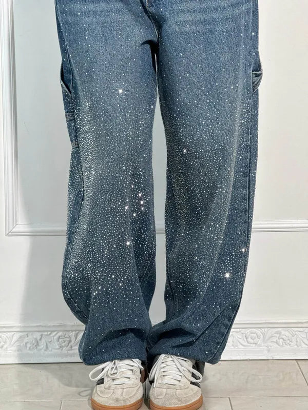 Lisette Women's Rhinestone Utility Baggy Denim Pants dark blue, close-up of sparkle detail