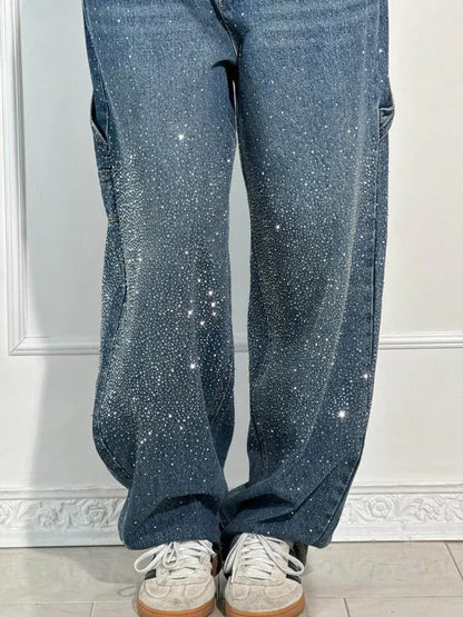 Lisette Women's Rhinestone Utility Baggy Denim Pants dark blue, close-up of sparkle detail