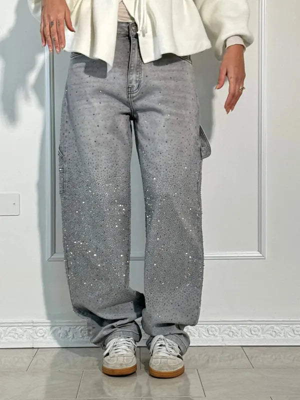 Lisette Women's Rhinestone Utility Baggy Denim Pants in gray, front view