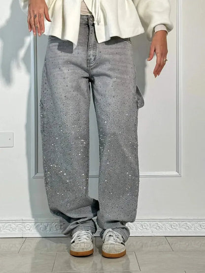 Lisette Women's Rhinestone Utility Baggy Denim Pants in gray, front view