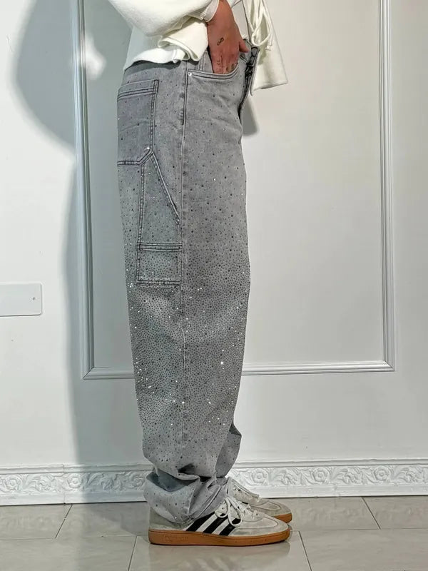 Lisette Women's Rhinestone Utility Baggy Denim Pants in gray, side view