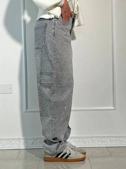 Lisette Women's Rhinestone Utility Baggy Denim Pants in gray, side view