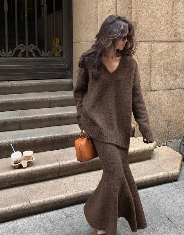 Janette ribbed knit V-neck sweater and maxi skirt set in brown, front view