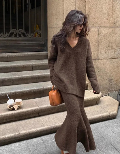 Janette ribbed knit V-neck sweater and maxi skirt set in brown, front view