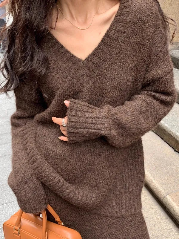 Janette brown knit set, close-up of V-neckline and ribbed cuff detail