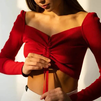 Lilou Women's Ruched Long Sleeve Crop Top in red, close front view of drawstring ruching