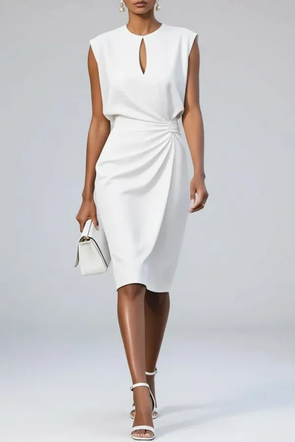 Sandy women's ruched midi dress in white, front view on model holding handbag