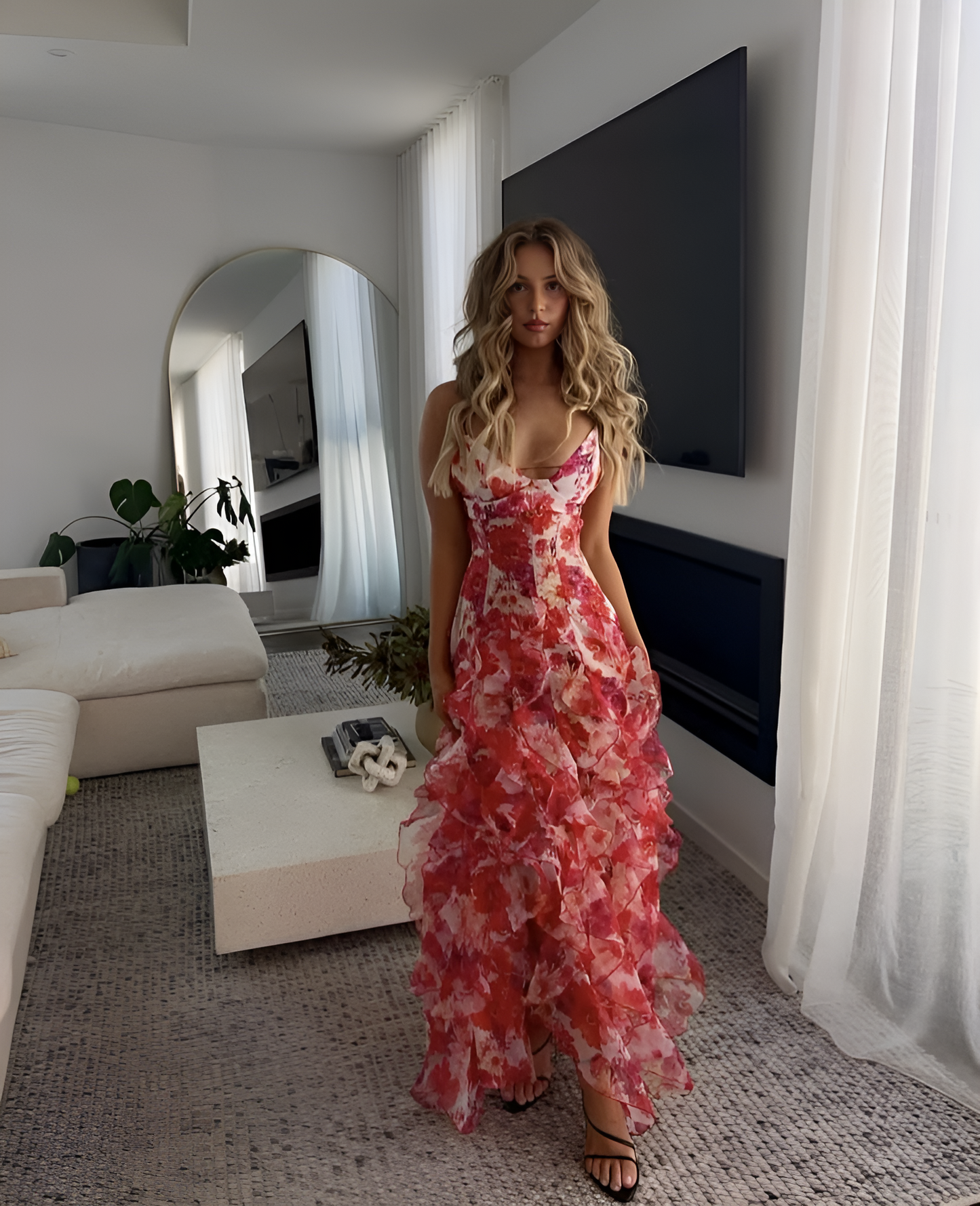 Quinta red ruffle floral maxi dress worn at home, front view on model