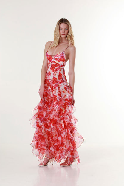 Quinta women's ruffle floral maxi dress in red, studio front view