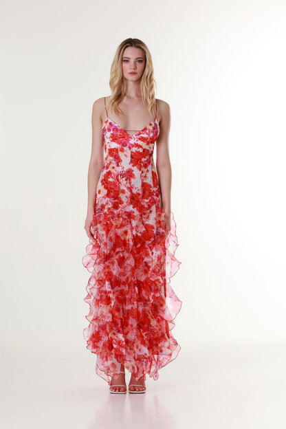 Red Quinta ruffle floral maxi dress with tiered ruffles, front view