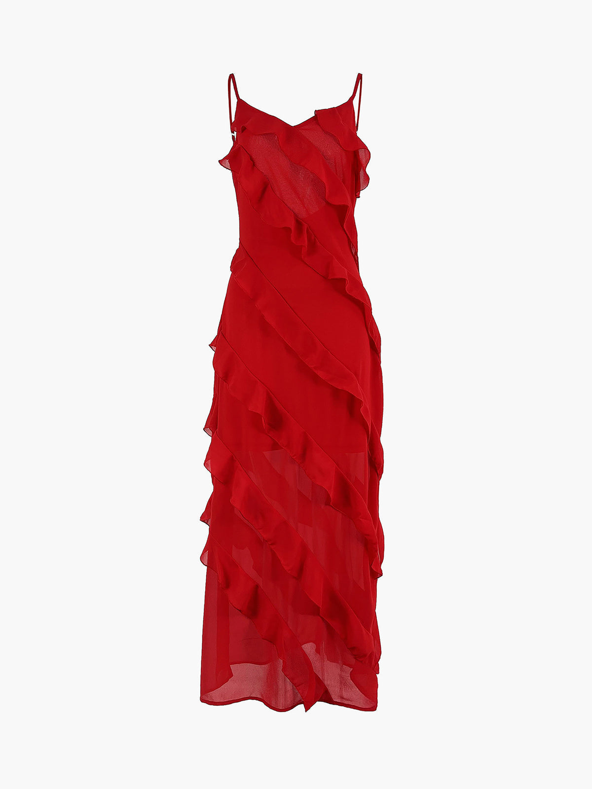 Fiona red ruffle maxi dress shown flat on a light background, front view