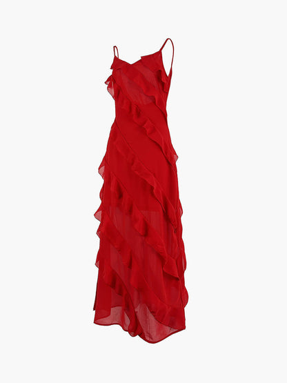 Angled flat lay of the Fiona red ruffle maxi dress with cascading frills