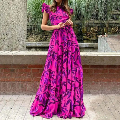 Netta ruffle sleeve floral maxi dress in hot pink, front view on model