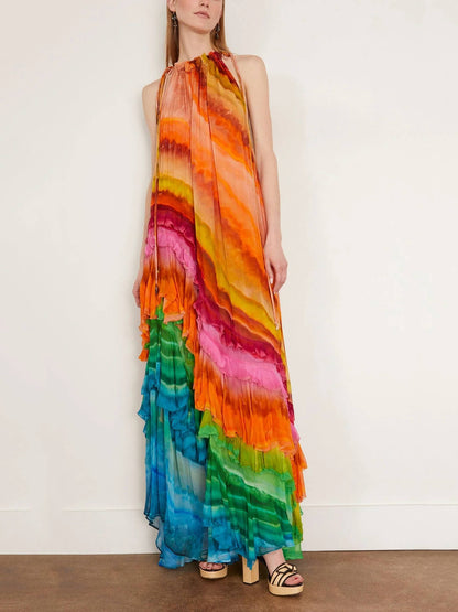 Katrine ruffle sleeveless halter maxi dress in multicolor rainbow print