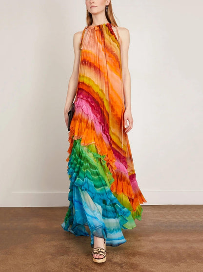 Katrine multicolor ruffle halter maxi dress, full-length front view